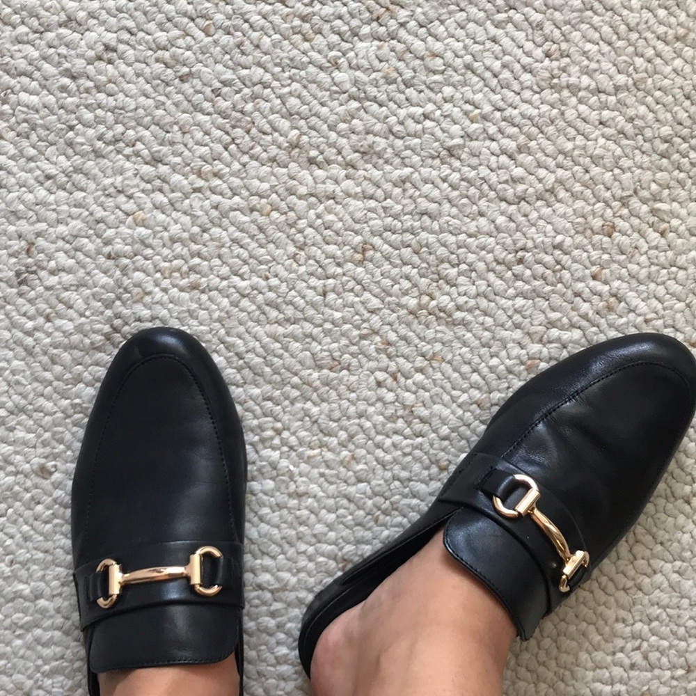 Black faux leather loafers